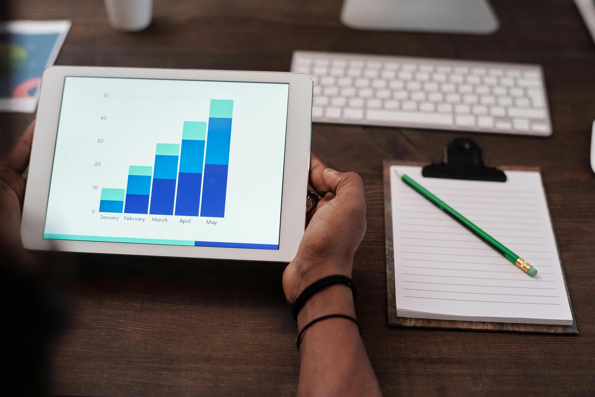 A person is holding a tablet displaying a bar chart. The chart shows data for the months January to May, with values increasing each month. The chart has three different shades of blue representing different data segments. In the background, there is a keyboard, a notepad with a green pencil on it, and a coffee cup.