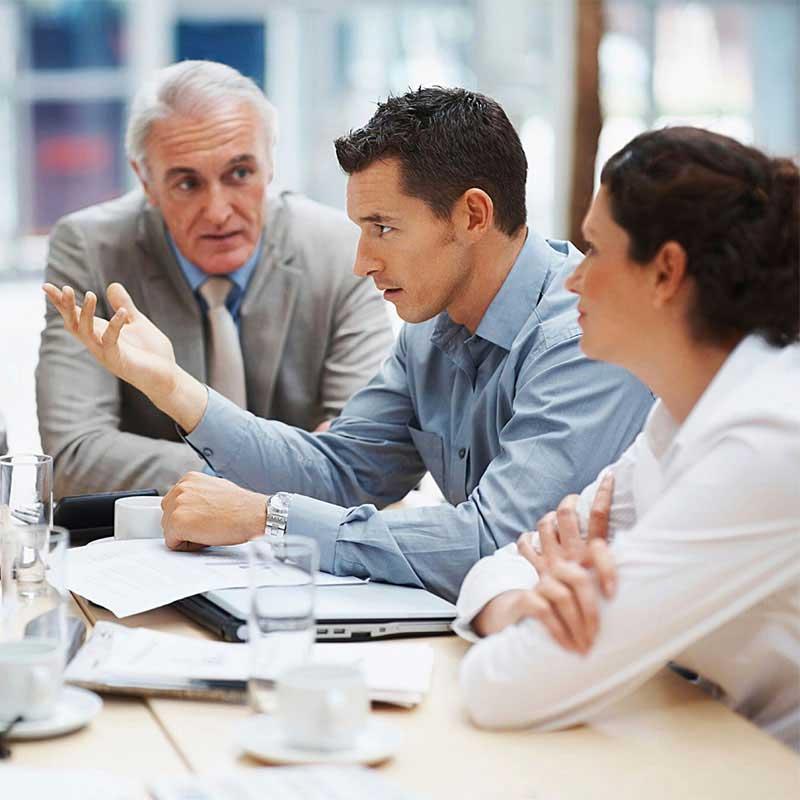 Business professionals discussing a project during a formal meeting